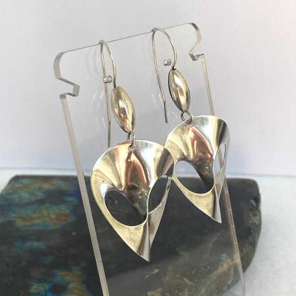 Sterling Silver 925 Artisan Modernist Style Infinity Disc Dangle Drop Earrings - Picture 7 of 16